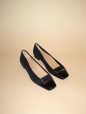 Tanino Crisci Suede Square Toe Black Gold Accent Flats - Size 39